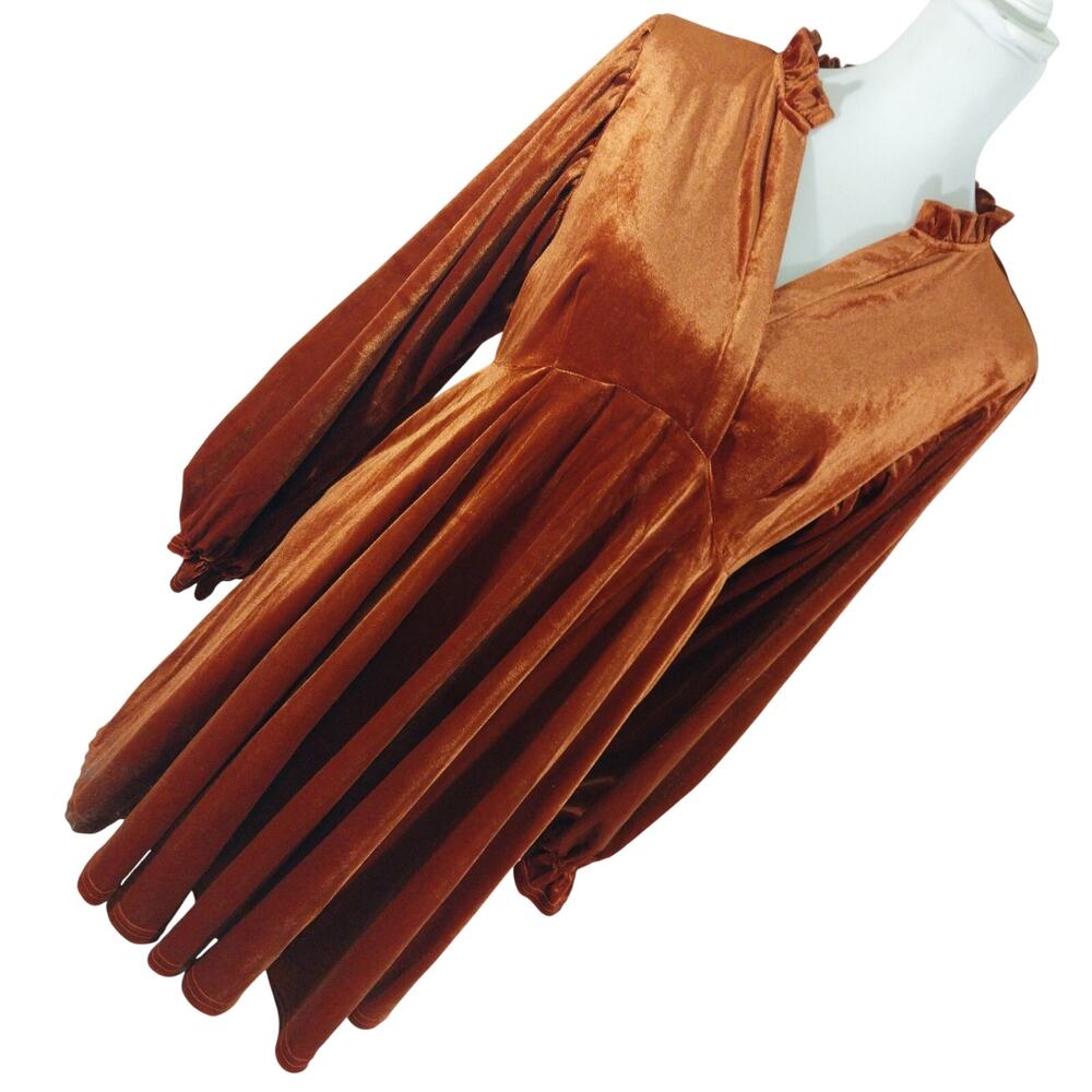 NWOT! UMGEE! ROMANTIC BURNT ORANGE STRETCH VELVET, POUF SLEEVE DRESS! SZ S - Picture 11 of 11